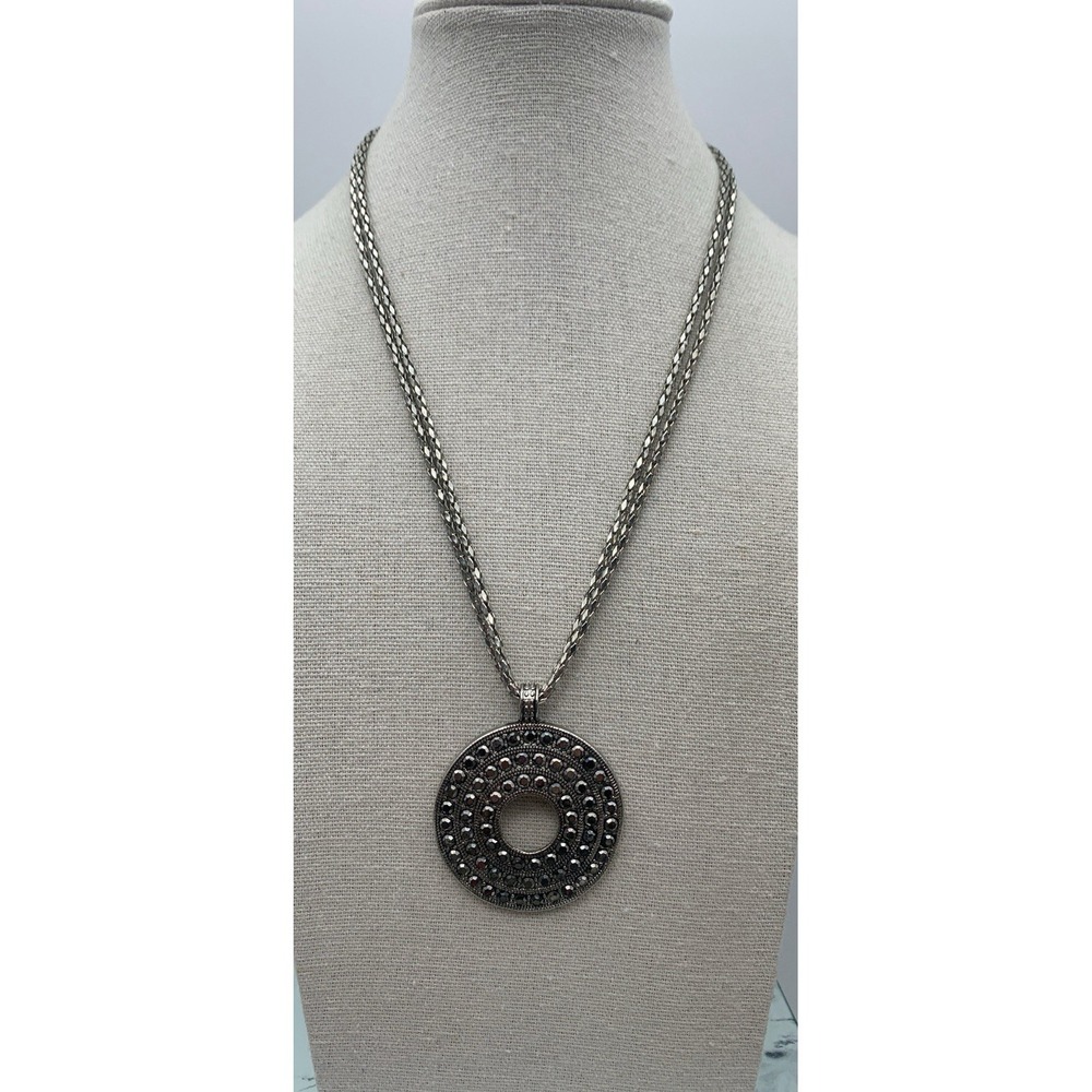 Silver Tone Double Strand Chain Round Pendant Faux Marcasite Necklace 16 in